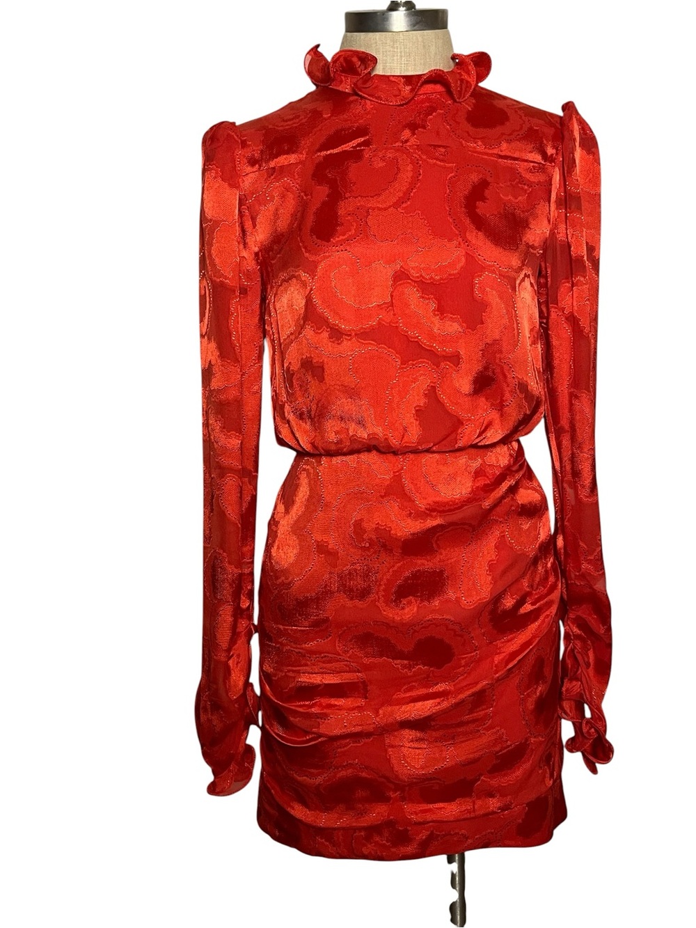 Saloni Rina B Mini Dress Women's Silk Jacquard Ruffle Puff Sleeve Poppy Red 4 - Picture 2 of 14